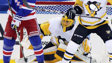 Jan 30, 2021; New York, New York, USA; Casey DeSmith #1 of the Pittsburgh Penguins keeps his eyes on the play during the third period against the New York Rangers at Madison Square Garden on January 30, 2021 in New York City. Mandatory Credit: Bruce Bennett/POOL PHOTOS-USA TODAY Sports