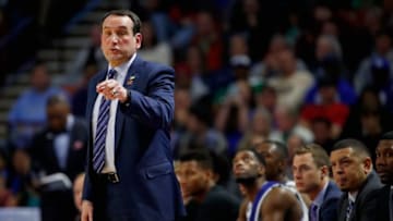 GREENVILLE, SC - MARCH 17: head coach Mike Krzyzewski of the Duke Blue Devils reacts in the first half against the Troy Trojans during the first round of the 2017 NCAA Men's Basketball Tournament at Bon Secours Wellness Arena on March 17, 2017 in Greenville, South Carolina. (Photo by Gregory Shamus/Getty Images)