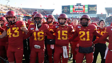AMES, IA - NOVEMBER 23: Iowa State Cyclones celebrate after winning 41-31 over the Kansas Jayhawks at Jack Trice Stadium on November 23, 2019 in Ames, Iowa. The Iowa State Cyclones won 41-31 over the Kansas Jayhawks. (Photo by David Purdy/Getty Images)