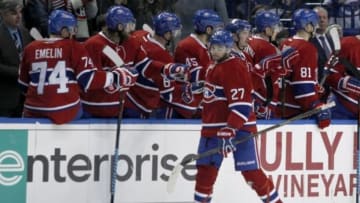 Feb 12, 2016; Buffalo, NY, USA; Montreal Canadiens center Alex Galchenyuk (27) celebrates his goal against the Buffalo Sabres during the second period at First Niagara Center. Mandatory Credit: Timothy T. Ludwig-USA TODAY Sports