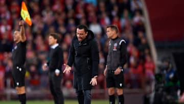 Xavi Hernandez reacts during the match between UD Almeria and FC Barcelona at Power Horse Stadium on February 26, 2023 in Almeria, Spain. (Photo by Silvestre Szpylma/Quality Sport Images/Getty Images)