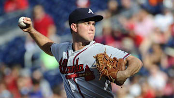 Sep 5, 2016; Washington, DC, USA; Atlanta Braves starting pitcher Ryan Weber (48) throws against the Washington Nationals during the third inning at Nationals Park. Mandatory Credit: Brad Mills-USA TODAY Sports