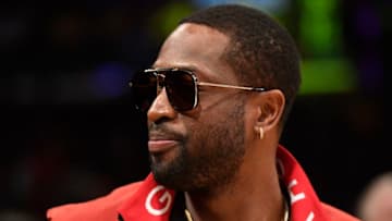 Former Miami Heat player Dwyane Wade attends the game between the Miami Heat and Los Angeles Lakers (Photo by Kevork Djansezian/Getty Images)