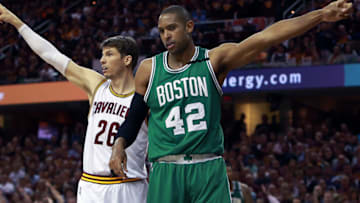 CLEVELAND, OH - MAY 23: The Cavaliers' Kyle Korver, left, and the Celtics' Al Horford, right, have a different opinion on which team should be given possession on a second half out of bounds play. Boston got the ball. The Boston Celtics visit the Cleveland Cavaliers for Game Four of the NBA Eastern Conference Finals playoff series at the Quicken Loans Arena in Cleveland, OH on May 23, 2017. (Photo by Jim Davis/The Boston Globe via Getty Images)
