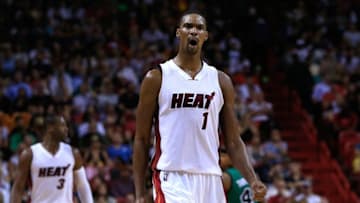 Nov 30, 2015; Miami, FL, USA; Miami Heat forward Chris Bosh (1) reacts in the second half of a game against the Boston Celtics at American Airlines Arena. The Celtics won 105-95. Mandatory Credit: Robert Mayer-USA TODAY Sports