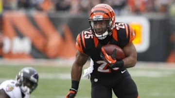 Dec 29, 2013; Cincinnati, OH, USA; Cincinnati Bengals running back Giovani Bernard (25) runs the ball against the Baltimore Ravens in the first half at Paul Brown Stadium. Mandatory Credit: Mark Zerof-USA TODAY Sports