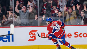 MONTREAL, QC - MARCH 13: Montreal Canadiens right wing Nikita Scherbak (38) celebrates after scoring during the third period of the NHL game between the Dallas Stars and the Montreal Canadiens on March 13, 2018, at the Bell Centre in Montreal, QC (Photo by Vincent Ethier/Icon Sportswire via Getty Images)