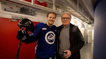 STOCKHOLM, SWEDEN - NOVEMBER 07: Gabriel Landeskog #92 of the Colorado Avalanche poses with his father Tony at the Ericsson Globe on November 7, 2017 in Stockholm Sweden. (Photo by Michael Martin/NHLI via Getty Images)