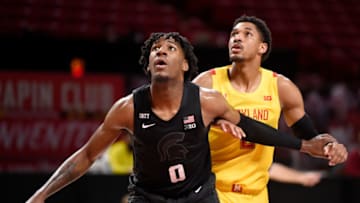 COLLEGE PARK, MD - FEBRUARY 28: Aaron Henry #0 of the Michigan State Spartans boxes out against Aaron Wiggins #2 of the Maryland Terrapins at Xfinity Center on February 28, 2021 in College Park, Maryland. (Photo by G Fiume/Maryland Terrapins/Getty Images)
