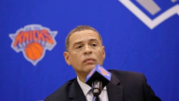GREENBURG, NY - JULY 17: New York Knicks team President, Steve Mills and Jeff Hornacek of the New York Knicks introduce General Manager Scott Perry at a pess conference at the at Knicks Practice Center July 17, 2017 in Greenburg, New York. Copyright 2017 NBAE (Photo by Steven Freeman/NBAE via Getty Images)