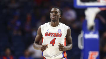GAINESVILLE, FLORIDA - NOVEMBER 18: Anthony Duruji #4 of the Florida Gators looks on during the second half of a game against the Milwaukee Panthers at the Stephen C. O'Connell Center on November 18, 2021 in Gainesville, Florida. (Photo by James Gilbert/Getty Images)