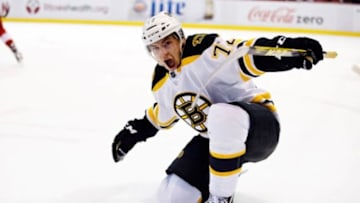 Nov 25, 2015; Detroit, MI, USA; Boston Bruins center Frank Vatrano (72) celebrates is game winning overtime goal against the Detroit Red Wings at Joe Louis Arena. Boston won 2-3 in overtime. Mandatory Credit: Rick Osentoski-USA TODAY Sports