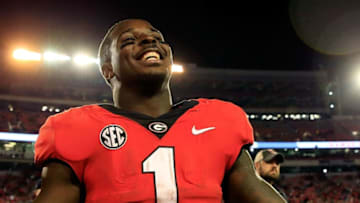 ATHENS, GA - NOVEMBER 18: Sony Michel #1 of the Georgia Bulldogs celebrates beating the Kentucky Wildcats at Sanford Stadium on November 18, 2017 in Athens, Georgia. (Photo by Daniel Shirey/Getty Images)