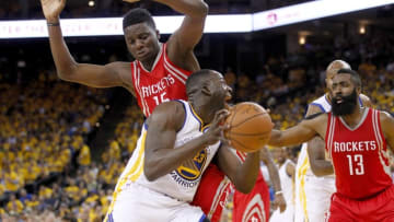 Apr 18, 2016; Oakland, CA, USA; Golden State Warriors forward Draymond Green (23) drives to the basket next to Houston Rockets center Clint Capela (15) in the third quarter in game two of the first round of the NBA Playoffs at Oracle Arena. The Warriors defeated the Rockets 115-106. Mandatory Credit: Cary Edmondson-USA TODAY Sports