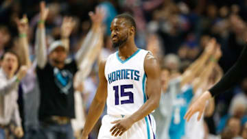Nov 18, 2016; Charlotte, NC, USA; Charlotte Hornets guard Kemba Walker (15) reacts after hitting a three point shot in the second half against the Atlanta Hawks at Spectrum Center. The Hornets defeated the Hawks 100-96. Mandatory Credit: Jeremy Brevard-USA TODAY Sports