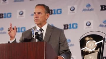Jul 28, 2014; Chicago, IL, USA; Michigan State Spartans head coach Mark Dantonio addresses the media during the Big Ten football media day at Hilton Chicago. Mandatory Credit: Jerry Lai-USA TODAY Sports