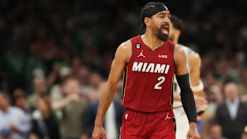 BOSTON, MASSACHUSETTS - MAY 19: Gabe Vincent #2 of the Miami Heat reacts during the fourth quarter against the Boston Celtics in game two of the Eastern Conference Finals at TD Garden on May 19, 2023 in Boston, Massachusetts. NOTE TO USER: User expressly acknowledges and agrees that, by downloading and or using this photograph, User is consenting to the terms and conditions of the Getty Images License Agreement. (Photo by Adam Glanzman/Getty Images)