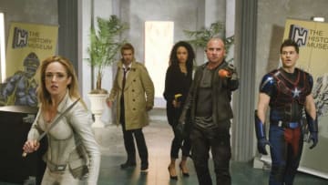 Caity Lotz as Sara Lance/White Canary, Matt Ryan as Constantine, Olivia Swan as Astra, Dominic Purcell as Mick Rory/Heatwave and Nick Zano as Nate Heywood/Steel in DC's Legends of Tomorrow -- "Swan Thong" -- Photo: Bettina Strauss/The CW