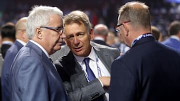 VANCOUVER, BRITISH COLUMBIA - JUNE 21: Ken Holland (C) of the Edmonton Oilers attends the first round of the 2019 NHL Draft at Rogers Arena on June 21, 2019 in Vancouver, Canada. (Photo by Bruce Bennett/Getty Images)
