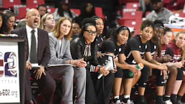 COLLEGE PARK, MD - NOVEMBER 10: Head coach Dawn Staley of the South Carolina Gamecocks looks on during a women's basketball game against the against the Maryland Terrapins at the Xfinity Center on November 10, 2019 in College Park, Maryland. (Photo by Mitchell Layton/Getty Images)