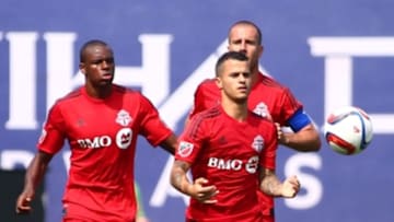 Jul 12, 2015; New York, NY, USA; Toronto FC fotrward Sebastian Giovinco (10) runs back to midfield after scoring a goal during the first half against New York City FC at Yankee Stadium. NYCFC and Toronto FC played to a 4-4 draw. Mandatory Credit: Andy Marlin-USA TODAY Sports