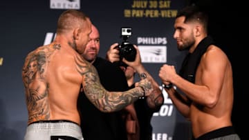 ATLANTA, GA - JULY 29: (L-R) Opponents Ross Pearson of England and Jorge Masvidal face off during the UFC 201 weigh-in at Fox Theatre on July 29, 2016 in Atlanta, Georgia. (Photo by Jeff Bottari/Zuffa LLC/Zuffa LLC via Getty Images)