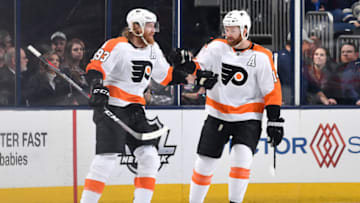 COLUMBUS, OH - FEBRUARY 28: Jakub Voracek #93 of the Philadelphia Flyers celebrates his first period goal with teammate Sean Couturier #14 of the Philadelphia Flyers during a game against the Columbus Blue Jackets on February 28, 2019 at Nationwide Arena in Columbus, Ohio. (Photo by Jamie Sabau/NHLI via Getty Images)