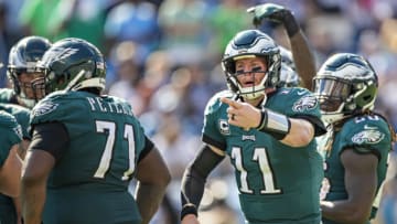 NASHVILLE, TN - SEPTEMBER 30: Carson Wentz #11 of the Philadelphia Eagles signals to the sidelines during a game against the Tennessee Titans at Nissan Stadium on September 30, 2018 in Nashville, Tennessee. The Titans defeated the Eagles in overtime 26-23. (Photo by Wesley Hitt/Getty Images)