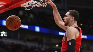 CHICAGO, ILLINOIS - JANUARY 15: Zach LaVine #8 of the Chicago Bulls dunks against the Washington Wizards at the United Center on January 15, 2020 in Chicago, Illinois. NOTE TO USER: User expressly acknowledges and agrees that, by downloading and or using this photograph, User is consenting to the terms and conditions of the Getty Images License Agreement. (Photo by Jonathan Daniel/Getty Images)