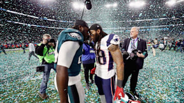 MINNEAPOLIS, MN - FEBRUARY 04: LeGarrette Blount #29 of the Philadelphia Eagles and Brandon Bolden #38 of the New England Patriots greet each other after the Eagles defeated the Patriots 41-33 in Super Bowl LII at U.S. Bank Stadium on February 4, 2018 in Minneapolis, Minnesota. (Photo by Elsa/Getty Images)