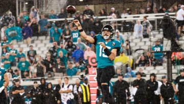 JACKSONVILLE, FLORIDA - SEPTEMBER 19: Jacksonville Jaguars quarterback Gardner Minshew II #15 throws a pass in the second quarter against the Tennessee Titans at TIAA Bank Field on September 19, 2019 in Jacksonville, Florida. (Photo by Harry Aaron/Getty Images)