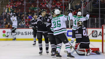 Jan 25, 2022; Newark, New Jersey, USA; The Dallas Stars celebrate a goal by center Jacob Peterson (40) against the New Jersey Devils during the first period at Prudential Center. Mandatory Credit: Ed Mulholland-USA TODAY Sports