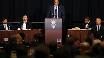 NEW YORK, NY - JANUARY 28: Tony Clark, Executive Director of the MLBPA, speaks during the 2018 Baseball Writers' Association of America awards dinner on Sunday, January 28, 2018 at the Sheraton Times Square hotel in New York City. (Photo by Alex Trautwig/MLB via Getty Images)