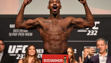 INGLEWOOD, CA - DECEMBER 28: Jon Jones poses on the scale during the UFC 232 weigh-in inside The Forum on December 28, 2018 in Inglewood, California. (Photo by Josh Hedges/Zuffa LLC/Zuffa LLC via Getty Images)