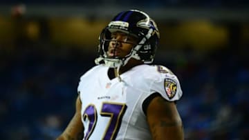 Dec 16, 2013; Detroit, MI, USA; Baltimore Ravens running back Ray Rice (27) against the Detroit Lions at Ford Field. Mandatory Credit: Andrew Weber-USA TODAY Sports
