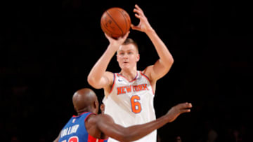 NEW YORK, NY - OCTOBER 21: Kristaps Porzingis #6 of the New York Knicks shoots the ball during a game against the Detroit Pistons at Madison Square Garden in New York City, New York on October 21, 2017. Copyright 2017 NBAE (Photo by Nathaniel S. Butler/NBAE via Getty Images)