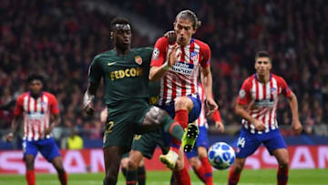 MADRID, SPAIN - NOVEMBER 28: Felipe Luis (R) of Club Atletico de Madrid is challenged Benoit Badiashile of AS Monaco during the UEFA Champions League Group A match between Club Atletico de Madrid and AS Monaco at Estadio Wanda Metropolitano on November 28, 2018 in Madrid, Spain. (Photo by Denis Doyle/Getty Images)