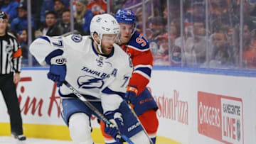 Dec 17, 2016; Edmonton, Alberta, CAN; Edmonton Oilers forward Connor McDavid (97) chases Tampa Bay Lightning defensemen Victor Hedman (77) during the first period at Rogers Place. Mandatory Credit: Perry Nelson-USA TODAY Sports