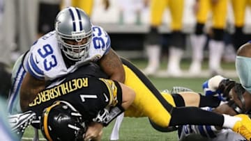 Dec 16, 2012; Arlington, TX, USA; Pittsburgh Steelers quarterback Ben Roethlisberger (7) is sacked by Dallas Cowboys linebacker Anthony Spencer (93) at Cowboys Stadium. Mandatory Credit: Matthew Emmons-USA TODAY Sports