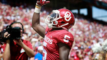 NORMAN, OK - SEPTEMBER 01: Wide receiver Marquise Brown #5 of the Oklahoma Sooners celebrates a touchdown against the Florida Atlantic Owls at Gaylord Family Oklahoma Memorial Stadium on September 1, 2018 in Norman, Oklahoma. The Sooners defeated the Owls 63-14. (Photo by Brett Deering/Getty Images)