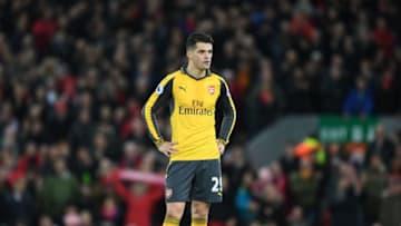 LIVERPOOL, ENGLAND - MARCH 04: Granit Xhaka of Arsenal during the Premier League match between Liverpool and Arsenal at Anfield on March 4, 2017 in Liverpool, England. (Photo by Stuart MacFarlane/Arsenal FC via Getty Images)