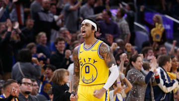 SAN FRANCISCO, CALIFORNIA - DECEMBER 27: D'Angelo Russell #0 of the Golden State Warriors celebrates after a basket in the second half against the Phoenix Suns at Chase Center on December 27, 2019 in San Francisco, California. NOTE TO USER: User expressly acknowledges and agrees that, by downloading and/or using this photograph, user is consenting to the terms and conditions of the Getty Images License Agreement. (Photo by Lachlan Cunningham/Getty Images)
