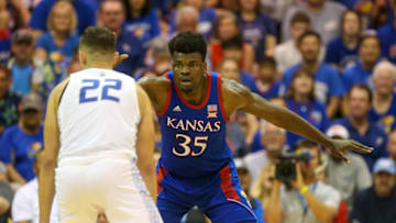 LAHAINA, HI - NOVEMBER 25: Udoka Azubuike #35 of the Kansas Jayhawks guards Kevin Kremer #22 of the Chaminade Silverswords during the first half at the Lahaina Civic Center on November 25, 2019 in Lahaina, Hawaii. (Photo by Darryl Oumi/Getty Images)