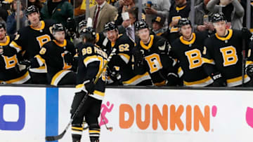 BOSTON, MA - NOVEMBER 29: Boston Bruins right wing David Pastrnak (88) skates by the bench after scoring during a game between the Boston Bruins and the New York Rangers on November 29, 2019, at TD Garden in Boston, Massachusetts. (Photo by Fred Kfoury III/Icon Sportswire via Getty Images)