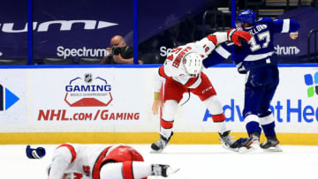 TAMPA, FLORIDA - APRIL 19: Alex Killorn #17 of the Tampa Bay Lightning and Jake Gardiner #51 of the Carolina Hurricanes fight during a game at Amalie Arena on April 19, 2021 in Tampa, Florida. (Photo by Mike Ehrmann/Getty Images)