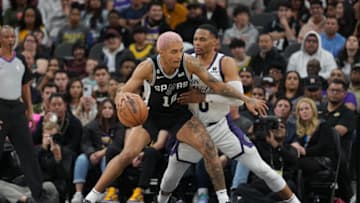 Spurs forward Jeremy Sochan (10) backs in against Lakers guard Russell Westbrook (0)t: Daniel Dunn-USA TODAY Sports