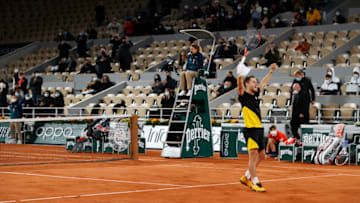PARIS, FRANCE - OCTOBER 06: Diego Schwartzman of Argentina celebrates after winning match point during his Men's Singles quarterfinals match against Dominic Thiem of Austria on day ten of the 2020 French Open at Roland Garros on October 06, 2020 in Paris, France. (Photo by Clive Brunskill/Getty Images)