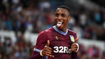 BIRMINGHAM, ENGLAND - AUGUST 22: Jonathan Kodjia of Aston Villa celebrates after scoring his team's second goal during the Sky Bet Championship match between Aston Villa and Brentford at Villa Park on August 22, 2018 in Birmingham, England. (Photo by Clive Mason/Getty Images)