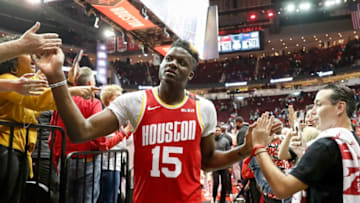 HOUSTON, TEXAS - JANUARY 03: Clint Capela #15 of the Houston Rockets greets fans on the way to the locker room after the game against the Philadelphia 76ers at Toyota Center on January 03, 2020 in Houston, Texas. NOTE TO USER: User expressly acknowledges and agrees that, by downloading and or using this photograph, User is consenting to the terms and conditions of the Getty Images License Agreement. (Photo by Tim Warner/Getty Images) (Photo by Tim Warner/Getty Images)