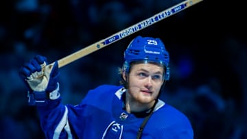 TORONTO, ON - APRIL 23: William Nylander #29 of the Toronto Maple Leafs salutes the crowd after getting the game's first star against the Boston Bruins in Game Six of the Eastern Conference First Round during the 2018 NHL Stanley Cup Playoffs at the Air Canada Centre on April 23, 2018 in Toronto, Ontario, Canada. (Photo by Kevin Sousa/NHLI via Getty Images)